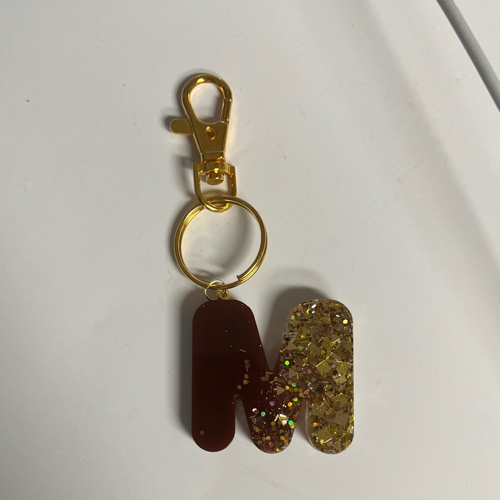 2 for $9 Handmade Gold Glitter and Brown Initial Keychain